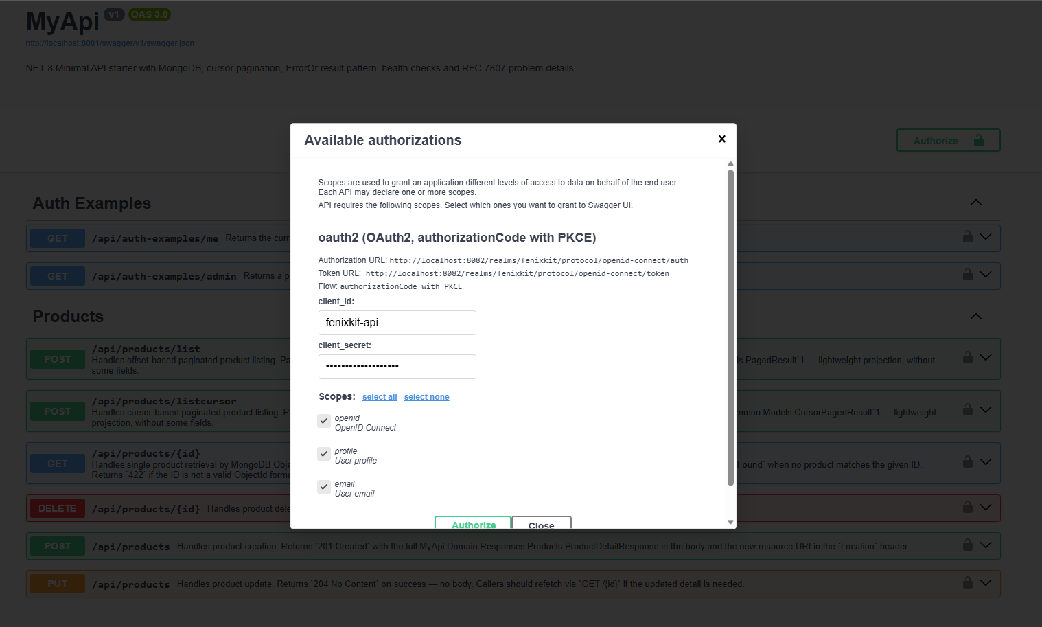 FenixKit Keycloak - Swagger authorized request